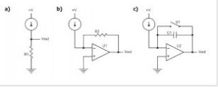 圖2：電流測量電路：電阻（a），互阻抗（b）和積分器（c）